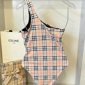 Burberry Plaid One-Shoulder Swimsuit in Pink and Black